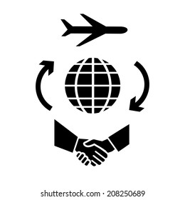 Vector flat design business travel icon, the aircraft flying around the world for handshake | black isolated pictogram illustration on white background