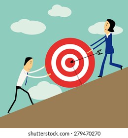 Vector flat design businessman and businesswoman pushing a big target to the top. Teamwork concept.