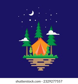 Vector flat design of camping around by tree, star and moon dark blue background, journey trip trekking moonlight, travel and relax concept, editable object copy space for text and design, eps 10