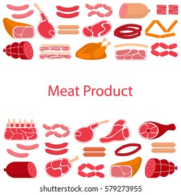 Vector flat design of card template with different kinds of meat products, beef steak, lamb chop, pork, chicken and sausages.