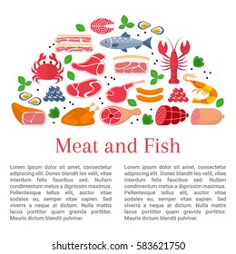 Vector flat design of card template  different kinds of meat and fish, beef steak,lamb, pork, chicken, sausages, crab, salmon, lobster, shrimp, oyster and caviar.