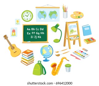 Vector flat design cartoon icons set of baby kids children's school supplies and musical instruments objects isolated on white background