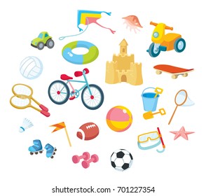 Vector flat design cartoon icons set of baby kids children's toys, musical instruments and sports equipment objects isolated on white background