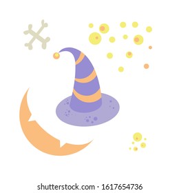 Vector, flat design, cartoon illustration, violet color hat for witch, halloween, icon on a white background. For stickers, stickers, illustrations, holiday decorations, invitations, children's books.