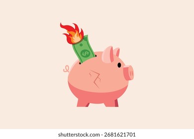 Dibujos animados de diseño plano de Vector de Money Down Trend hucha ardiente con pérdida de dinero, diseño plano de Vector aislado