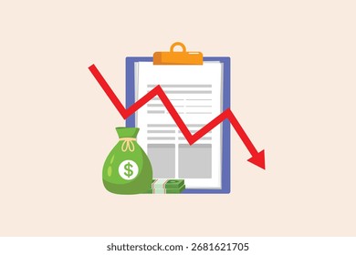 vector flat design cartoon of Money Down Trend financial report with money loss,Vector flat design isolated