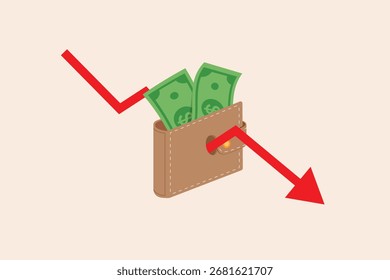 vector flat design cartoon of Money Down Trend wallet with falling cash,Vector flat design isolated