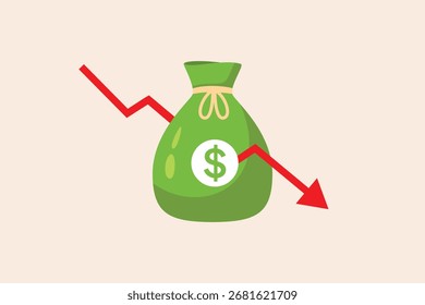 Vector de dibujos animados de diseño plano de Money Down Trend bolso de dinero con valor descendente, diseño plano de Vector aislado