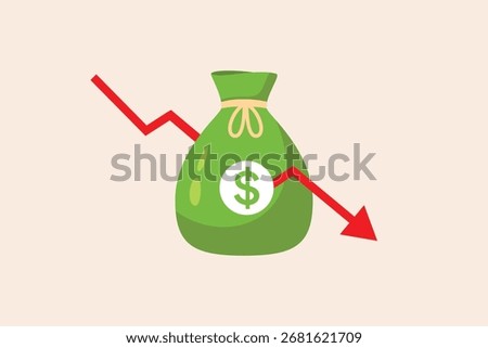 vector flat design cartoon of Money Down Trend money bag with falling value,Vector flat design isolated