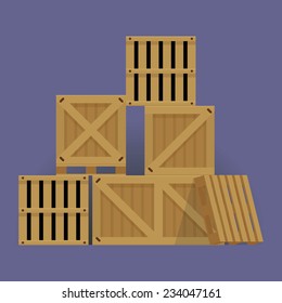 Vector flat design cartoon stacked wooden containers and crates isolated