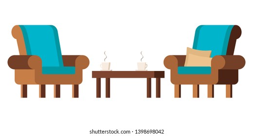 Vector flat design cartoon style illustration. Clip art image: cozy living room furniture  - two armchairs with cushions, coffee table, two cups with hot tea or coffee isolated on white background. 