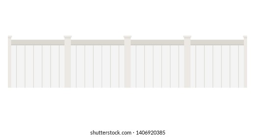 Vector flat design cartoon style illustration of a long row of white wood street picket fences isolated on white background. Home exterior element.