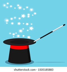 Vector flat design cartoon style illustration magic black hat with magic wand and magical glow light stars sparkles isolated on blue background. Abracadabra concept, magician perfomance.