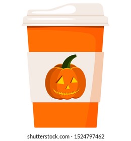 Vector flat design cartoon style paper coffee or tea cup decorated cartoon orange jack lantern pumpkin with light inside isolated on white background. Design element for card, banner, web.