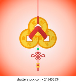 vector flat design chinese new year three feng shui coins batch red ribbon illustration 