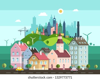 Vector Flat Design City with Buildings, Cars on Street and Skyscrapers Skyline on Background Hills