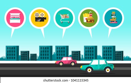 Vector Flat Design City with Cars on Street and Commercial Buildings Icons: Cinema, Supermarket, Fast Food, Library, Bookstore and Hotel.