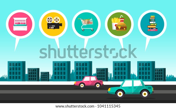 Vector Flat Design City with Cars on Street and\
Commercial Buildings Icons: Cinema, Supermarket, Fast Food,\
Library, Bookstore and\
Hotel.