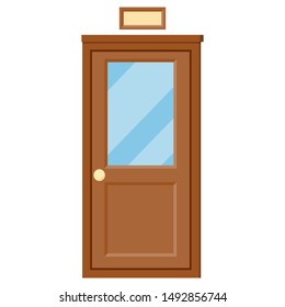 Vector Flat Design Closed School Classroom Door With Glass,nameplate Icon. Entry Or Inside Room Office Door. Entrance Door Isolated On White Backgroud. Element Of Interior Or Exterior Building Design.