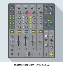 vector flat design colored sound dj mixer with knobs and sliders illustration witch shadows 