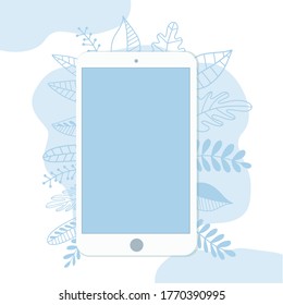 Vector flat design colorful frame template, image of cellphone or tablet, decorated with leaves and herbs, isolated on blue and white background