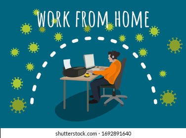 Vector flat design colorful man hipster working at home for againts corona virus(covid-19) for any design 