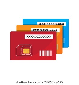 Vector de diseño plano de tarjeta SIM de colores con chip naranja, smartphone y tecnología de telecomunicaciones concepto, red y dispositivo de conexión de contacto en fondo blanco aislado