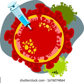 Vector flat design colorful syringe injection on corona virus of cover-19 for any design against cover-19 around the world