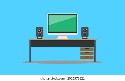 Vector flat design of computer speaker and desk, Office and company concept blue background