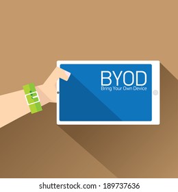 vector flat design concept of BYOD bring you own device. hand holding device. flat style vector illustration
