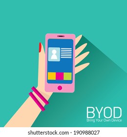 vector flat design concept of BYOD bring you own device. hand holding device. flat style vector illustration