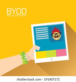 vector flat design concept of BYOD bring you own device. hand holding device. flat style vector illustration