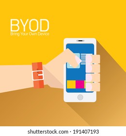 vector flat design concept of BYOD bring you own device. hand holding device. flat style vector illustration