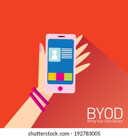 vector flat design concept of BYOD bring you own device. hand holding device. flat style vector illustration