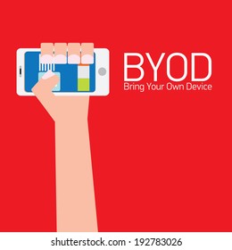 vector flat design concept of BYOD bring you own device. hand holding device. flat style vector illustration