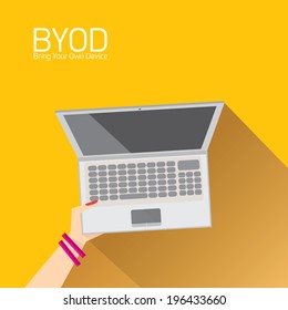 vector flat design concept of BYOD bring you own device. hand holding device. flat style vector illustration