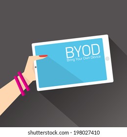 vector flat design concept of BYOD bring you own device. hand holding device. flat style vector illustration