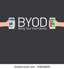 vector flat design concept of BYOD bring you own device. hand holding device. flat style vector illustration