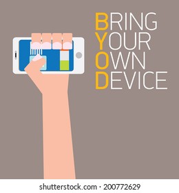 vector flat design concept of BYOD bring you own device. hand holding device. flat style vector illustration