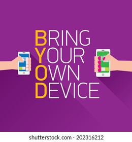 vector flat design concept of BYOD bring you own device. hand holding device. flat style vector illustration
