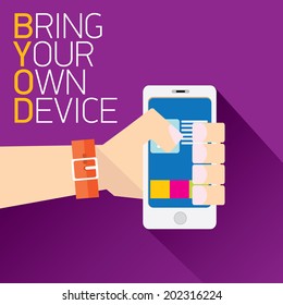 vector flat design concept of BYOD bring you own device. hand holding device. flat style vector illustration