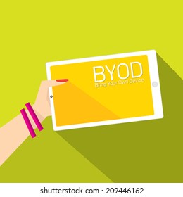 vector flat design concept of BYOD bring you own device. hand holding device. flat style vector illustration