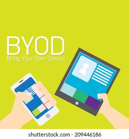 vector flat design concept of BYOD bring you own device. hand holding device. flat style vector illustration