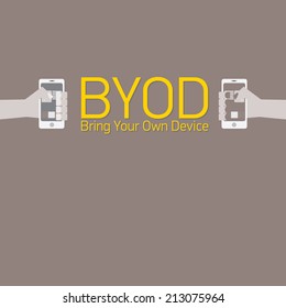 vector flat design concept of BYOD bring you own device. hand holding device. flat style vector illustration
