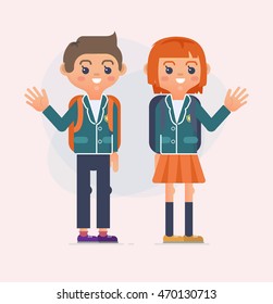 Vector flat design concept of cartoon character boy and girl in school uniform. Back to school illustration of kids. Stylized book teenagers drawn.