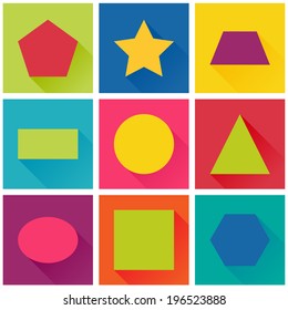 Vector flat design, concept for children's apps, set of geometric shapes: sguare, circle, oval, triangle, pentagon, hexagon, rectangle, star, trapezoid.