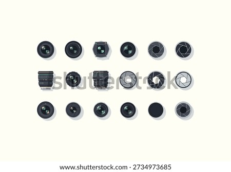 Vector Flat Design Concept Diverse Camera Lens Collection - A Comprehensive Visual Array.
