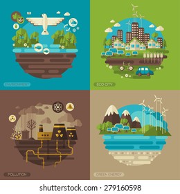 Vector flat design concept illustrations with icons of ecology, environment, green energy and pollution.  