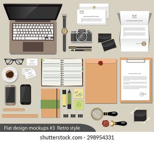 Vector flat design concept of mockup office desk essentials. Collection of business elements and objects for workplace design in retro style.