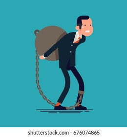 Vector Flat Design Concept On Businessman Carrying Weight. Debt Metaphoric Illustration With Man Character Tied By Chain To Large Weight On His Back. Businessman Struggles With Mortgage